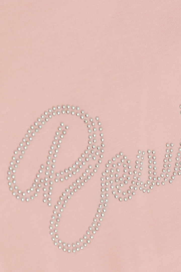 BRE Breeze Girl Crop T-Shirt with Rhinestone Printed Writing, Ruched Sides with Bow, 84 Years, Pink. - Talence