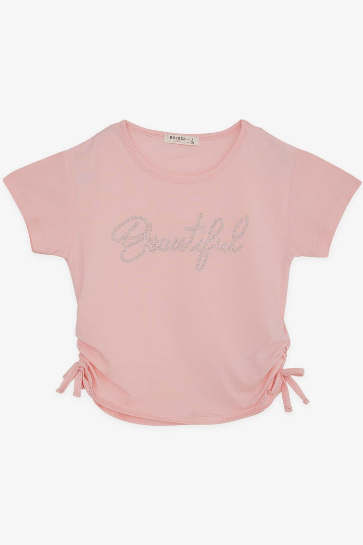 BRE Breeze Girl Crop T-Shirt with Rhinestone Printed Writing, Ruched Sides with Bow, 84 Years, Pink. - Talence