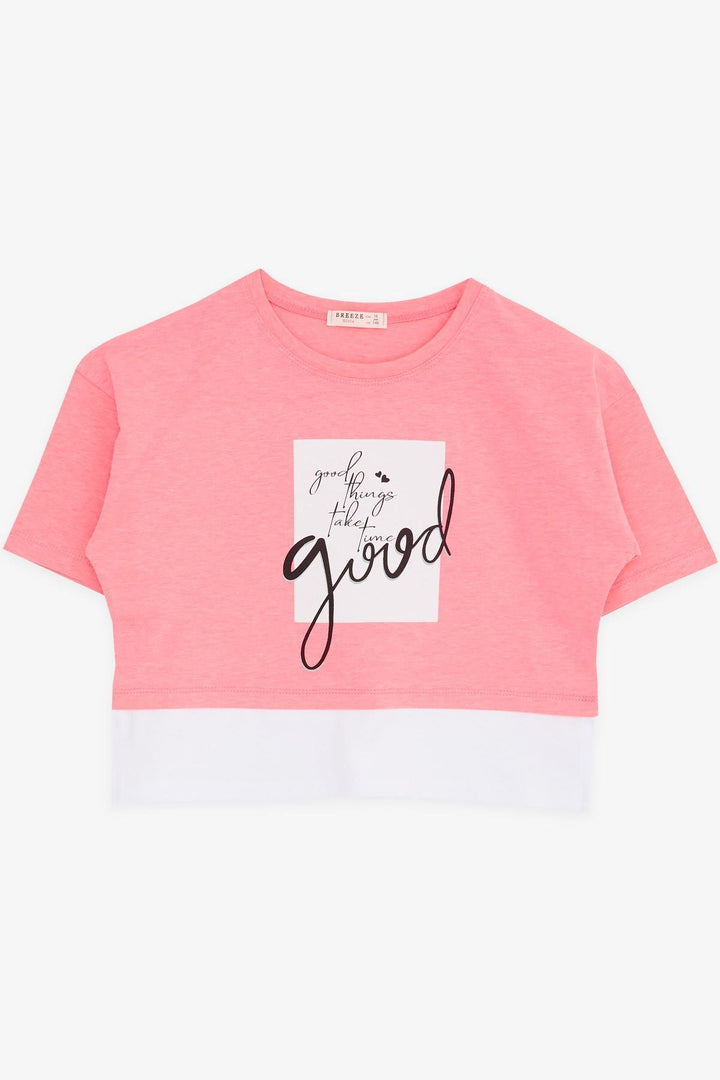 BRE Breeze Girl Child Crop T-Shirt with Printed Text and Side Slits, 94 Years, Neon Pink - Logroño
