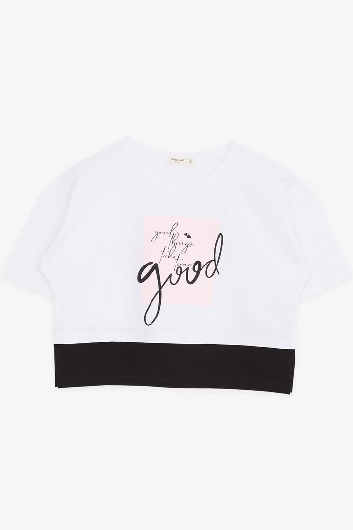 BRE Breeze Girl Child Crop T-Shirt with Printed Text and Side Slits, 94 Years, White - Wuppertal