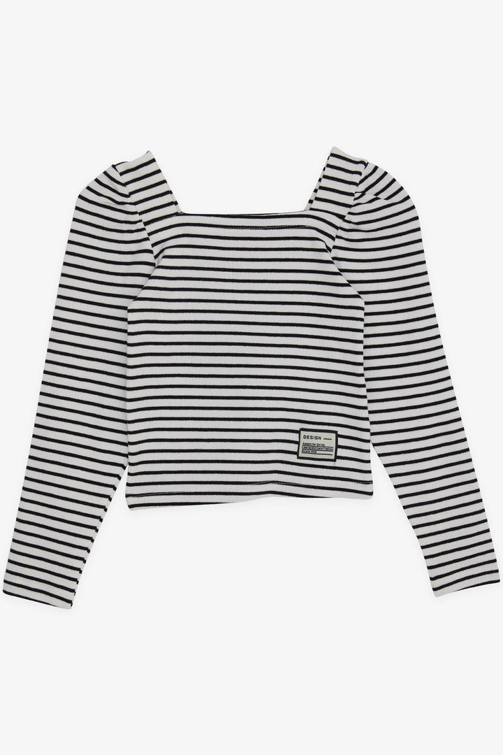 BRE Breeze Girl Child Crop Long Sleeve T-Shirt Striped Square Neck 84 Years, Ecru - Lissone
