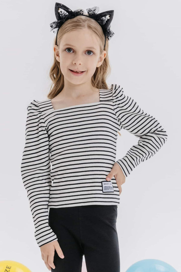 BRE Breeze Girl Child Crop Long Sleeve T-Shirt Striped Square Neck 84 Years, Ecru - Lissone