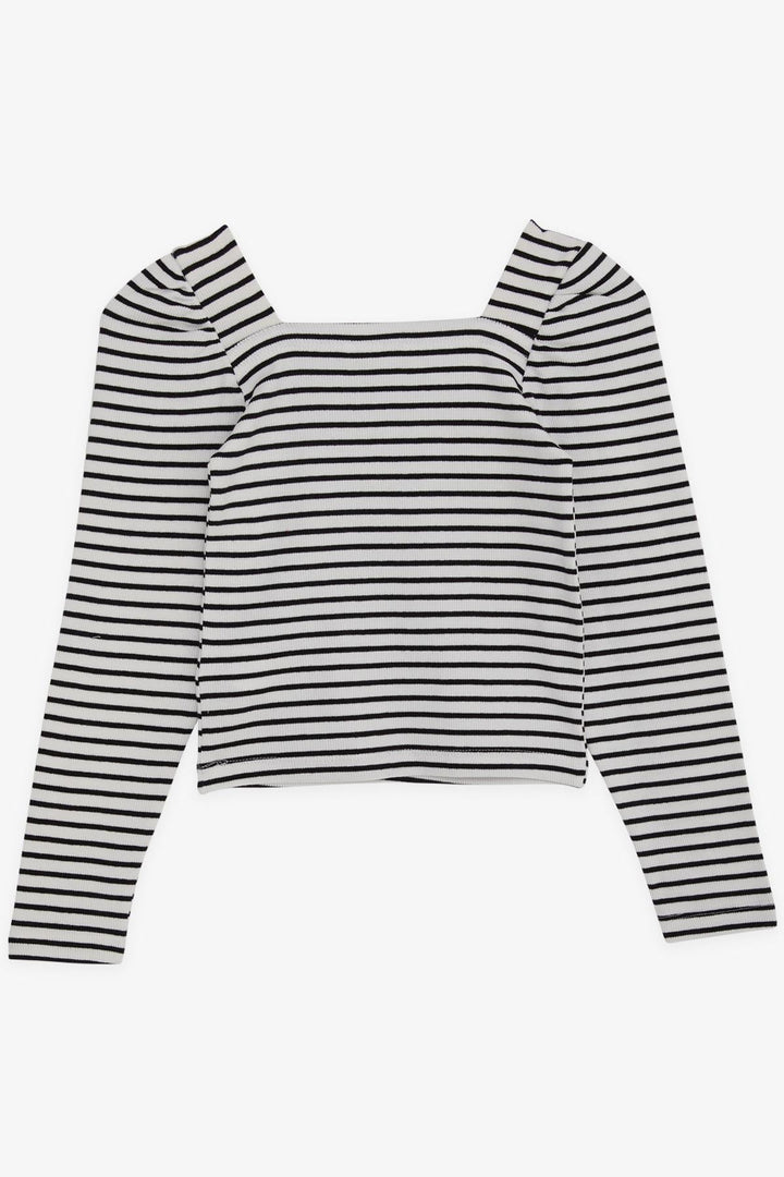 BRE Breeze Girl Child Crop Long Sleeve T-Shirt Striped Square Neck 84 Years, Ecru - Lissone