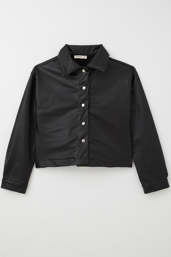 BRE Breeze Girl Child Leather Jacket Embossed Pattern Snap Fastener 94 Years, Black - Springville