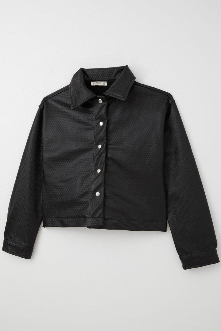 BRE Breeze Girl Child Leather Jacket Embossed Pattern Snap Fastener 94 Years, Black - Springville