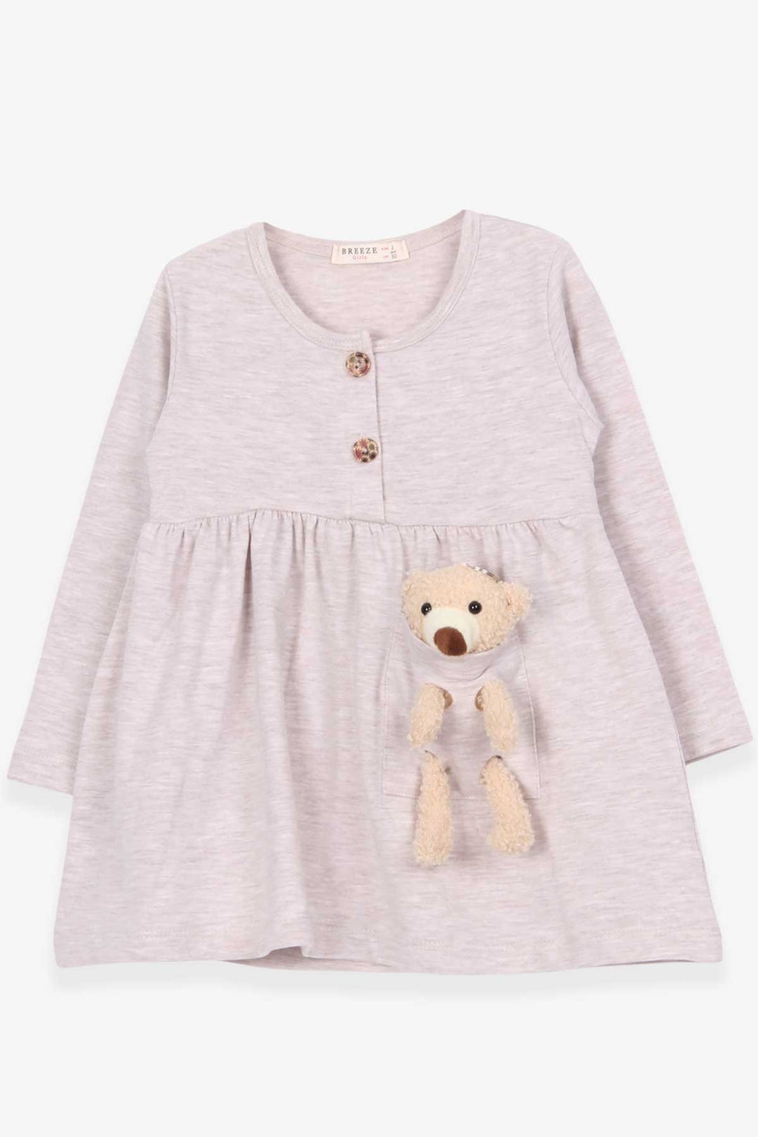 BRE Breeze Girl's Dress with Bear Accessory Detail, 2-6 Years, Beige Melange - Mount Laurel