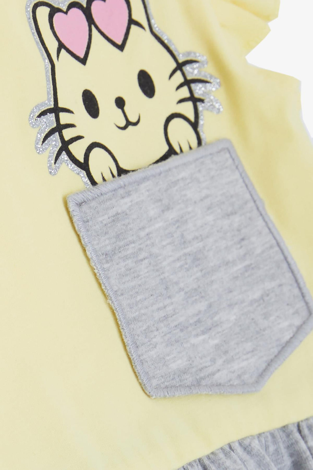 BRE Breeze Girl's Dress with Pocket, Glittery Cat Print, 1.5-5 Years, Yellow - Utrera