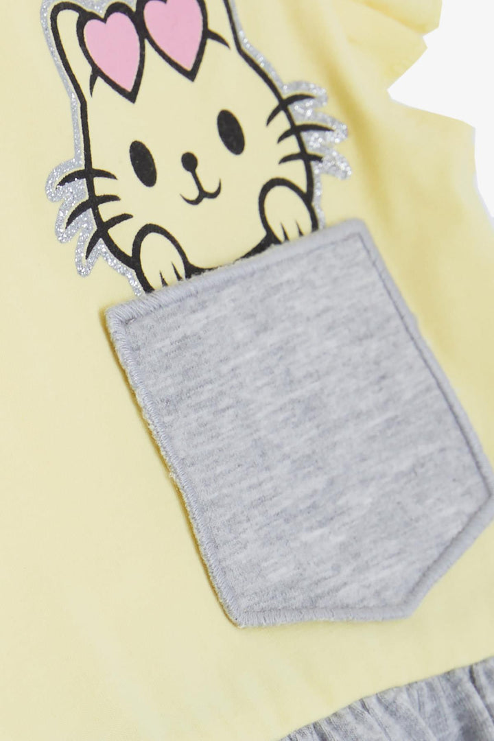 BRE Breeze Girl's Dress with Pocket, Glittery Cat Print, 1.5-5 Years, Yellow - Utrera