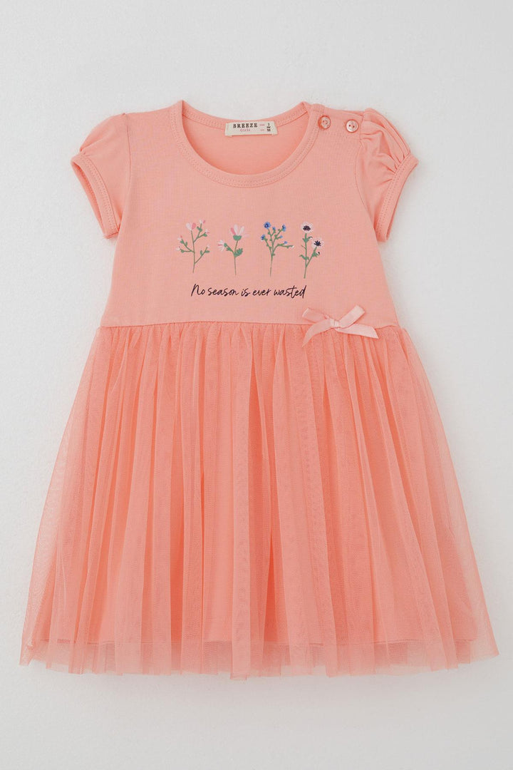 BRE Breeze Girl Dress Flower Printed Tulle with Bow Detail 1.5-5 Years, Salmon - Leeuwarden