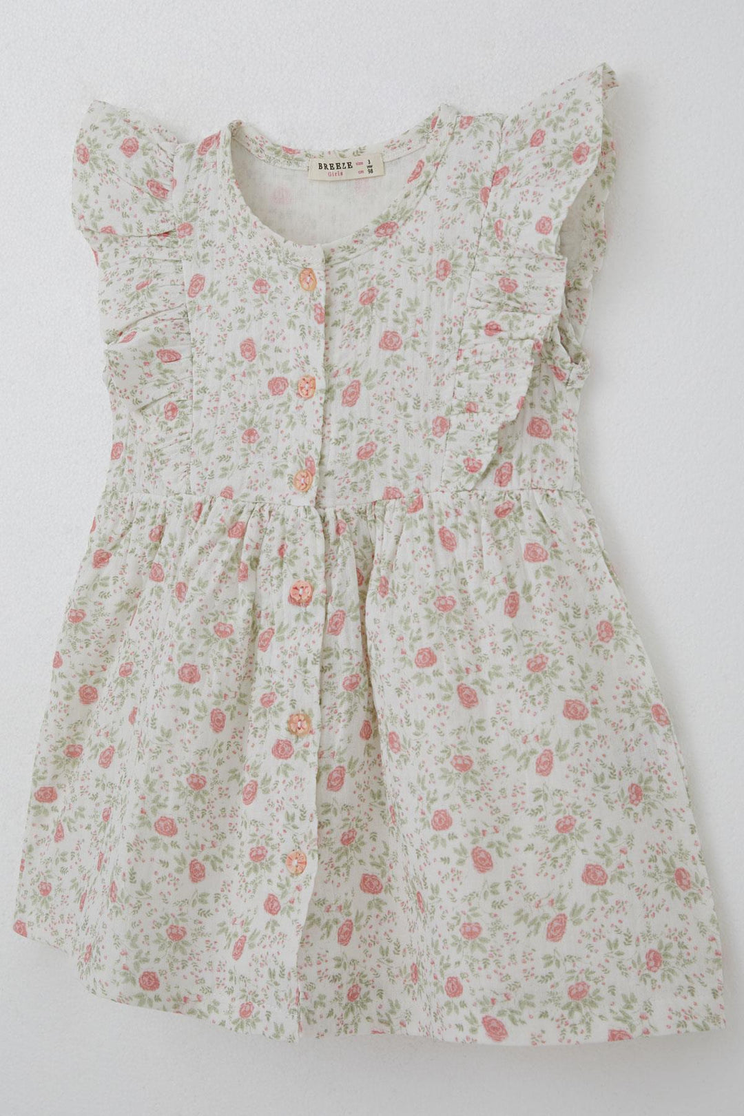 BRE Breeze Girl's Dress with Flower Pattern Front Button Detail 2-6 Years, Ecru - Bootle