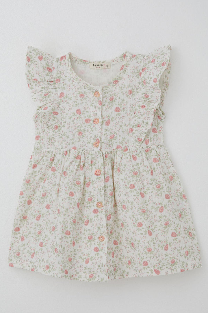 BRE Breeze Girl's Dress with Flower Pattern Front Button Detail 2-6 Years, Ecru - Bootle