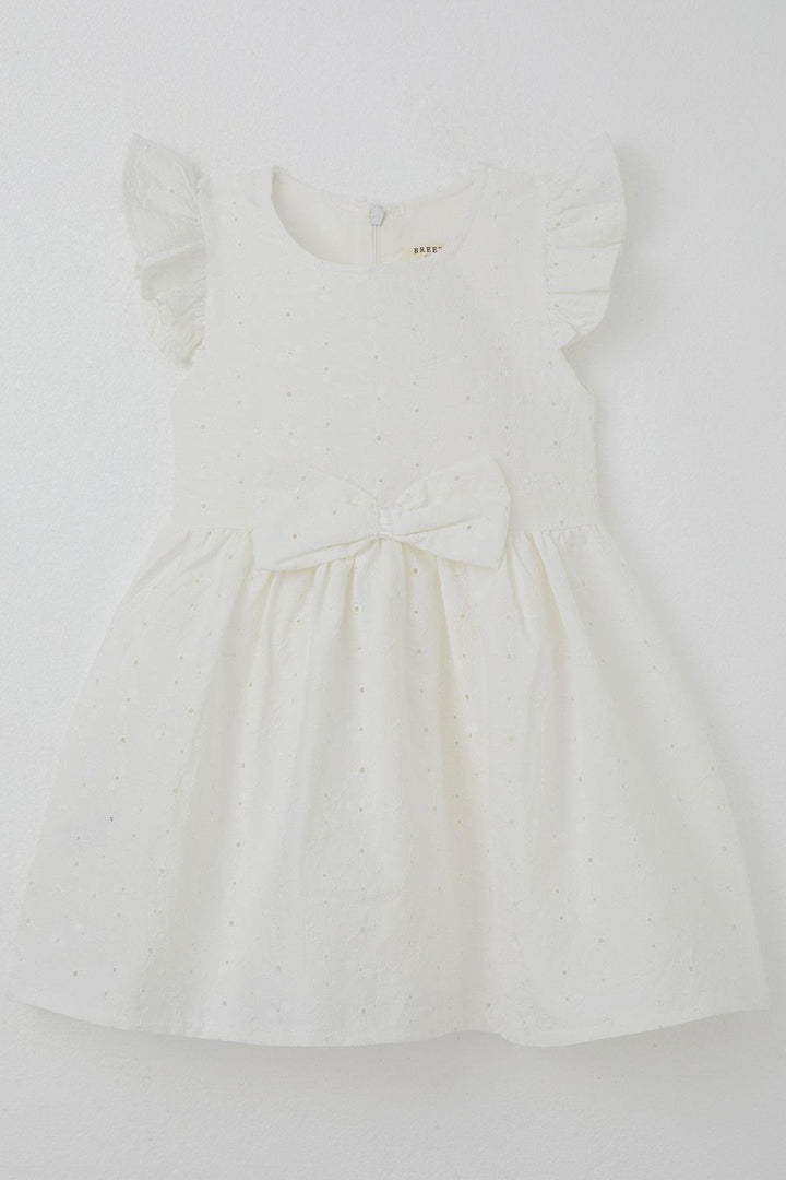 BRE Breeze Girl's Dress with Flower Embroidery and Bow Accessory, 2-6 Years, Ecru - Ameca