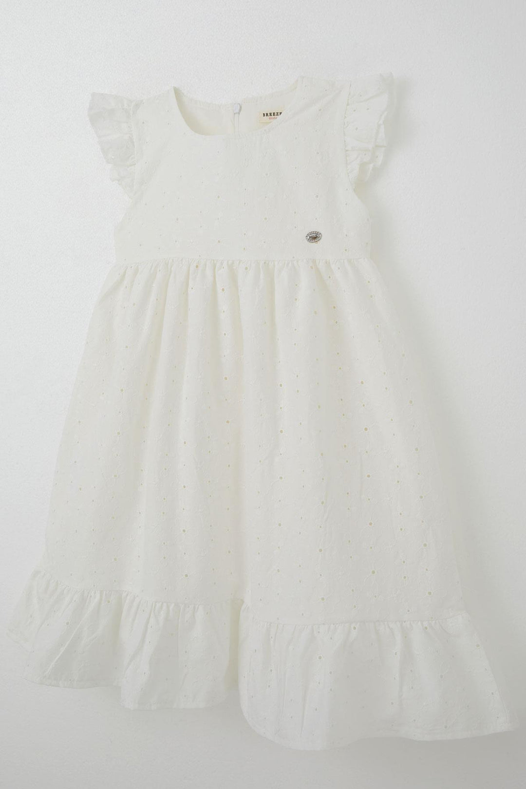BRE Breeze Girl's Dress with Flower Embroidery and Patch Detail, 4-9 Years, Ecru - Porirua