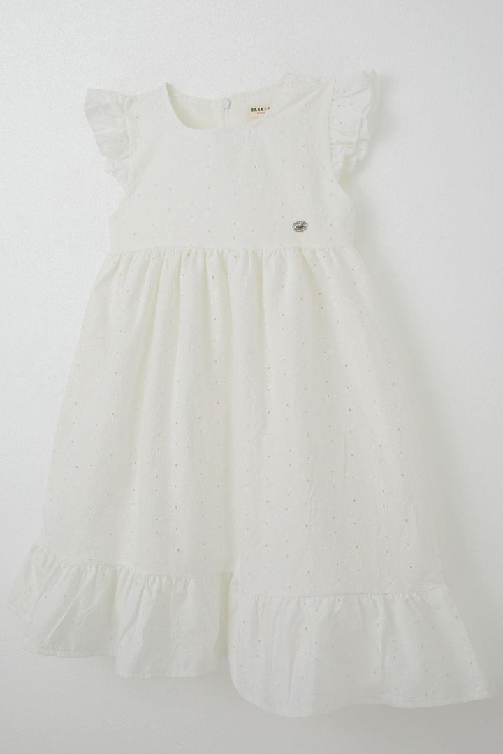BRE Breeze Girl's Dress with Flower Embroidery and Patch Detail, 4-9 Years, Ecru - Porirua