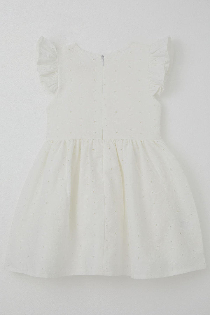 BRE Breeze Girl's Dress with Flower Embroidery and Bow Accessory, 2-6 Years, Ecru - Ameca