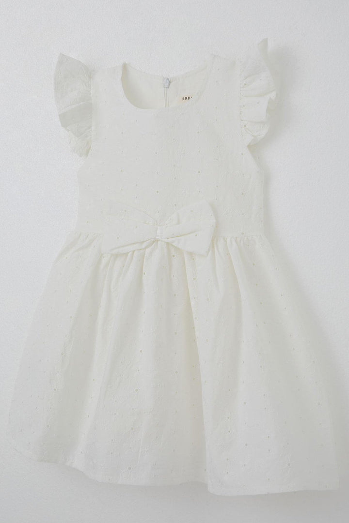 BRE Breeze Girl's Dress with Flower Embroidery and Bow Accessory, 2-6 Years, Ecru - Ameca