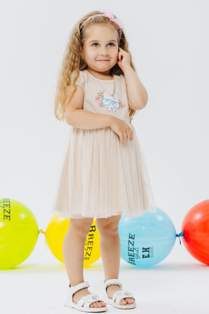 BRE Breeze Girl's Dress with Cute Cat Print and Glasses, 1.5-5 Years, Beige - Arona