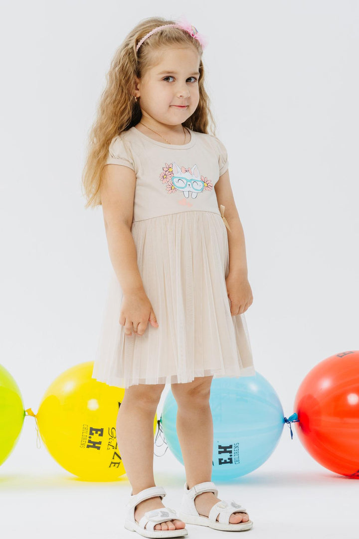 BRE Breeze Girl's Dress with Cute Cat Print and Glasses, 1.5-5 Years, Beige - Arona