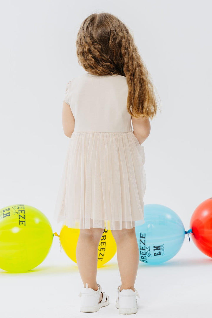 BRE Breeze Girl's Dress with Cute Cat Print and Glasses, 1.5-5 Years, Beige - Arona