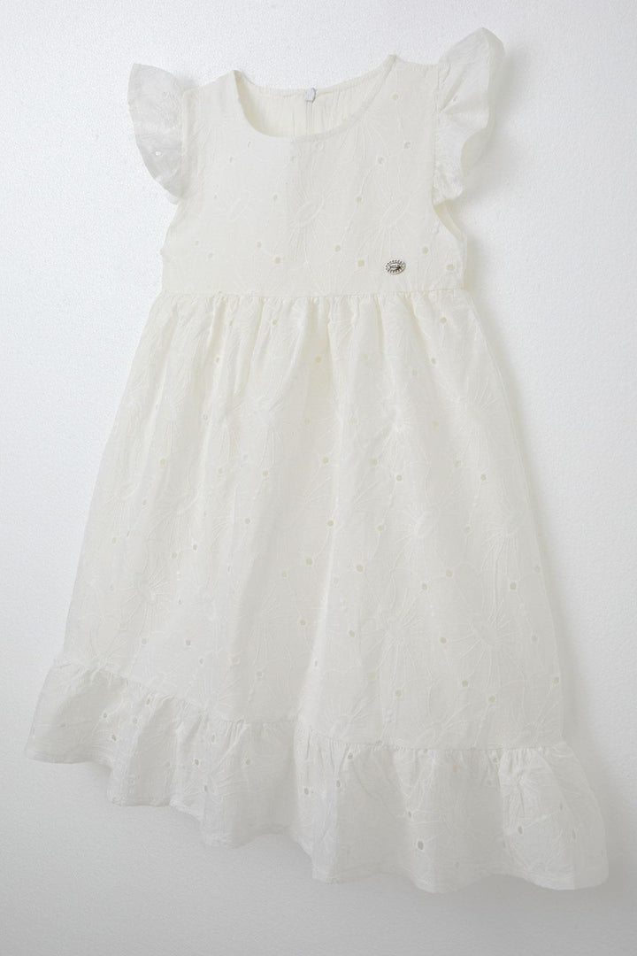BRE Breeze Girl's Dress with Lace Flower Embroidery, 4-9 Years, Ecru - Lubny