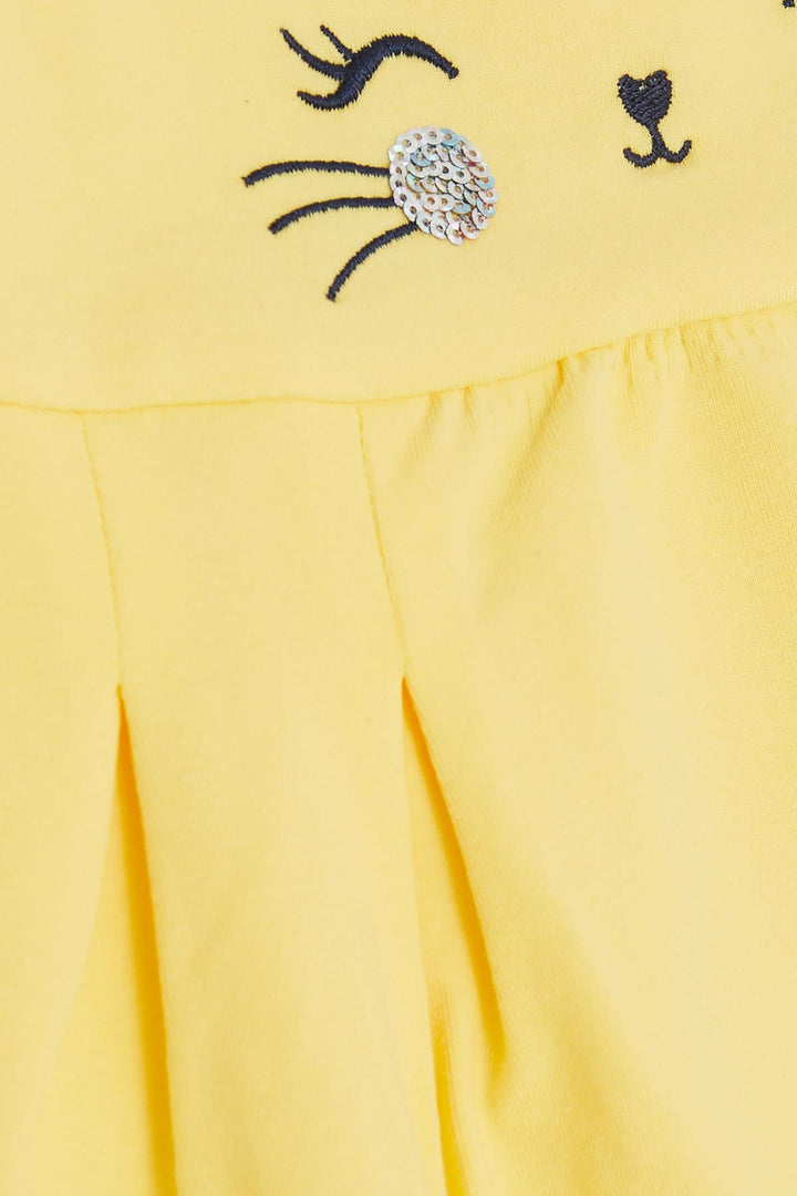 BRE Breeze Girl Dress Embroidered Sequined Cute Cat Printed 1.5-5 Years, Yellow - Unna