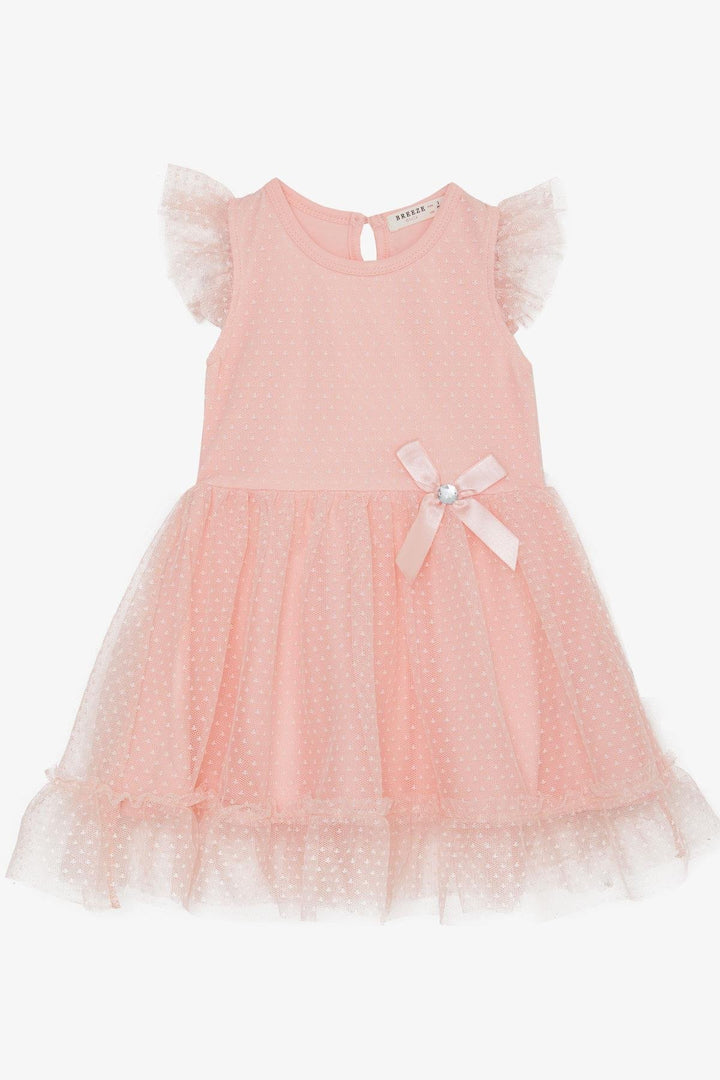 BRE Breeze Girl's Dress with Ruffled Tulle Patterned Shoulder Skirt, 3-8 Years, Salmon - Franklin