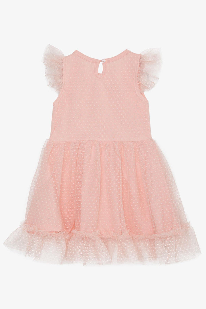 BRE Breeze Girl's Dress with Ruffled Tulle Patterned Shoulder Skirt, 3-8 Years, Salmon - Franklin
