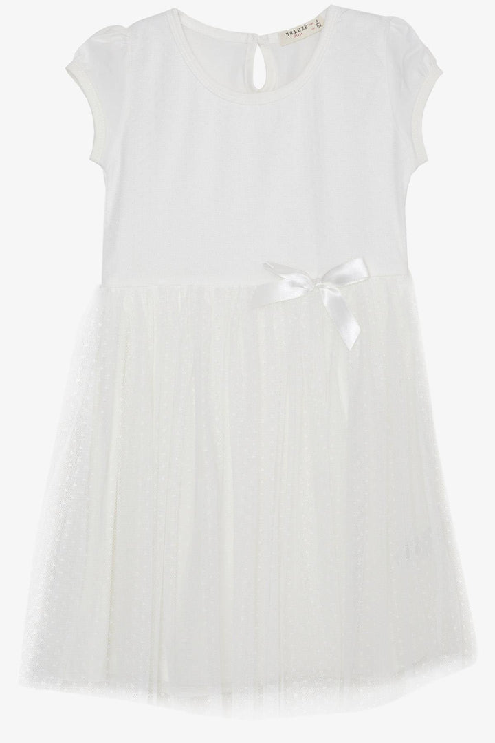 BRE Breeze Girl's Dress with Tulle Patterned Bow 4-9 Years, Ecru - Cholula de Rivadabia