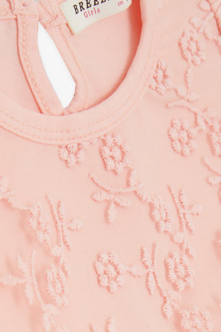 BRE Breeze Girl's Dress with Tulle Embroidery and Bow, 1.5-5 Years, Salmon - Wavre