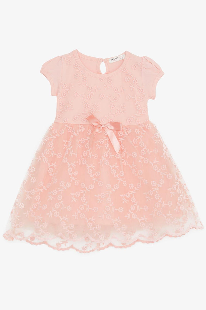 BRE Breeze Girl's Dress with Tulle Embroidery and Bow, 1.5-5 Years, Salmon - Wavre