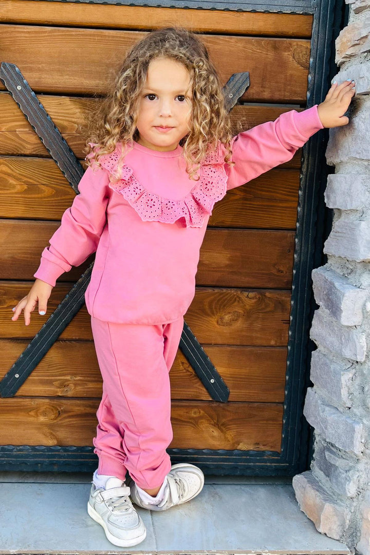 BRE Breeze Girl Child Tracksuit Set with Lace Embroidery, 3-8 Years, Rose Pink - Leyland