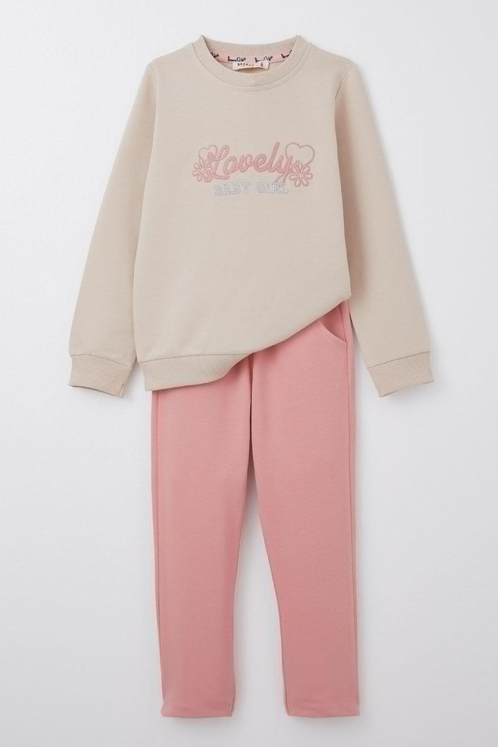 BRE Breeze Girl Child Tracksuit Love Themed Writing Embroidered 1-4 Years, Beige - Sudbury