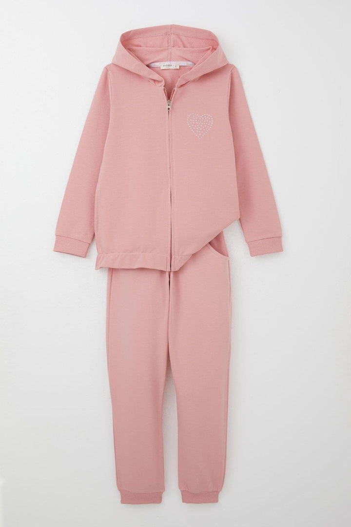 BRE Breeze Girl Child Tracksuit Set with Stone Embroidered Heart 4-9 Years, Rose Pink - Temple City