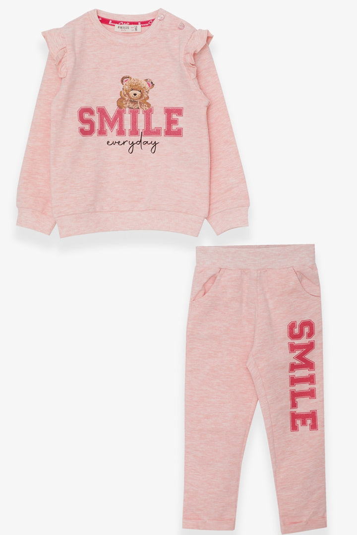 BRE Breeze Girl Child Tracksuit with Bear Patterned Glittery Text Print 1.5-5 Years, Salmon Melange - Minnetonka