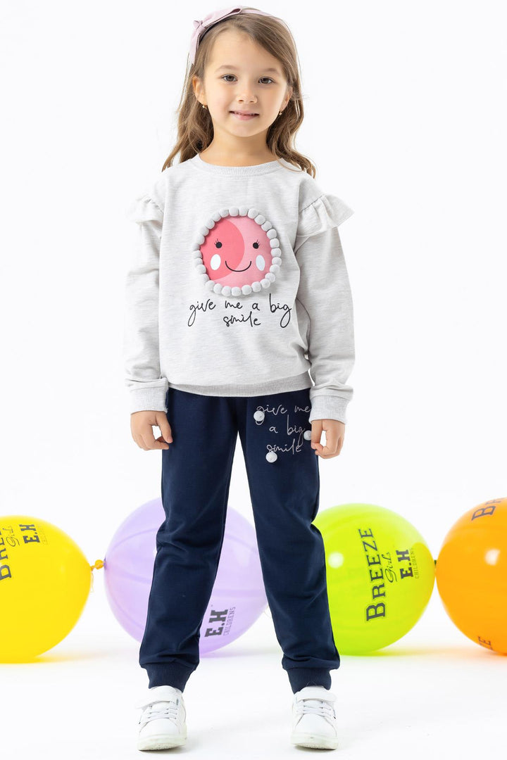 BRE Breeze Girl's Tracksuit Set with Pom Pom Print, 1.5-5 Years, Beige Melange - Maidenhead