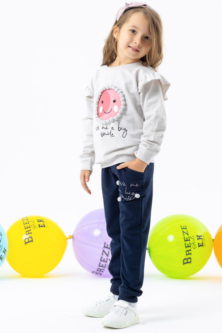 BRE Breeze Girl's Tracksuit Set with Pom Pom Print, 1.5-5 Years, Beige Melange - Maidenhead