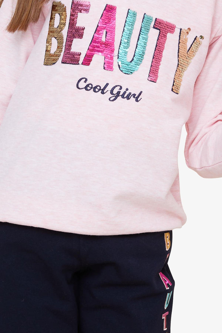 BRE Breeze Girl's Tracksuit Set with Sequin Printed Text 4-8 Years, Salmon Melange - Hilversum