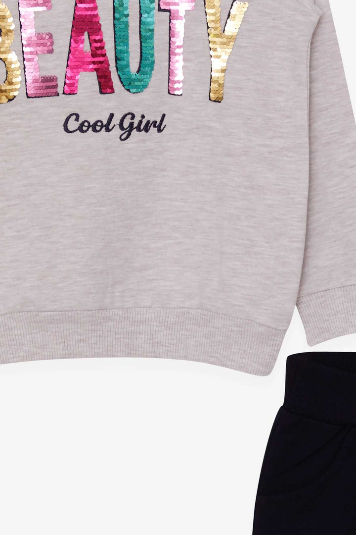 BRE Breeze Girl's Tracksuit Set with Sequin Printed Text 4-8 Years, Beige Melange - Medgidia