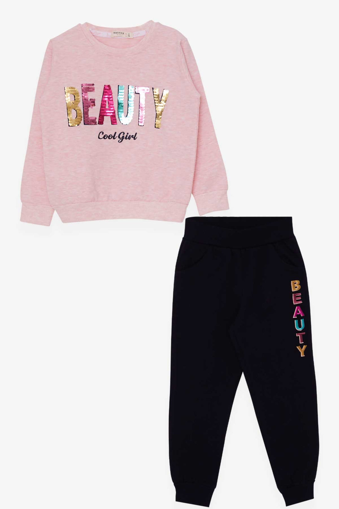 BRE Breeze Girl's Tracksuit Set with Sequin Printed Text 4-8 Years, Salmon Melange - Hilversum