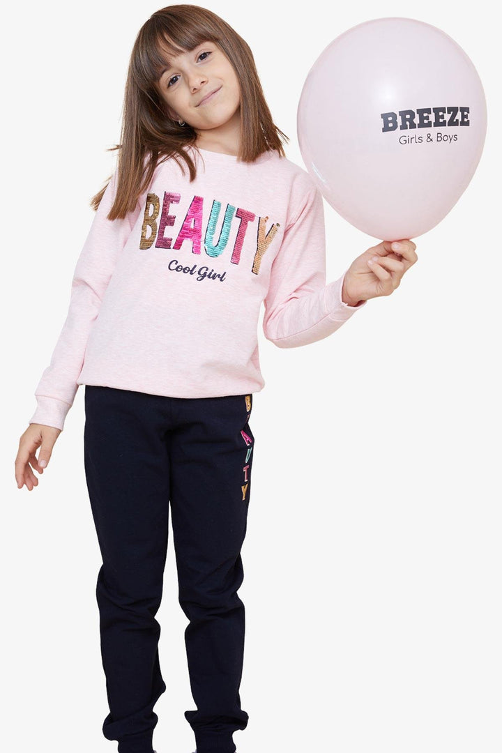 BRE Breeze Girl's Tracksuit Set with Sequin Printed Text 4-8 Years, Salmon Melange - Hilversum