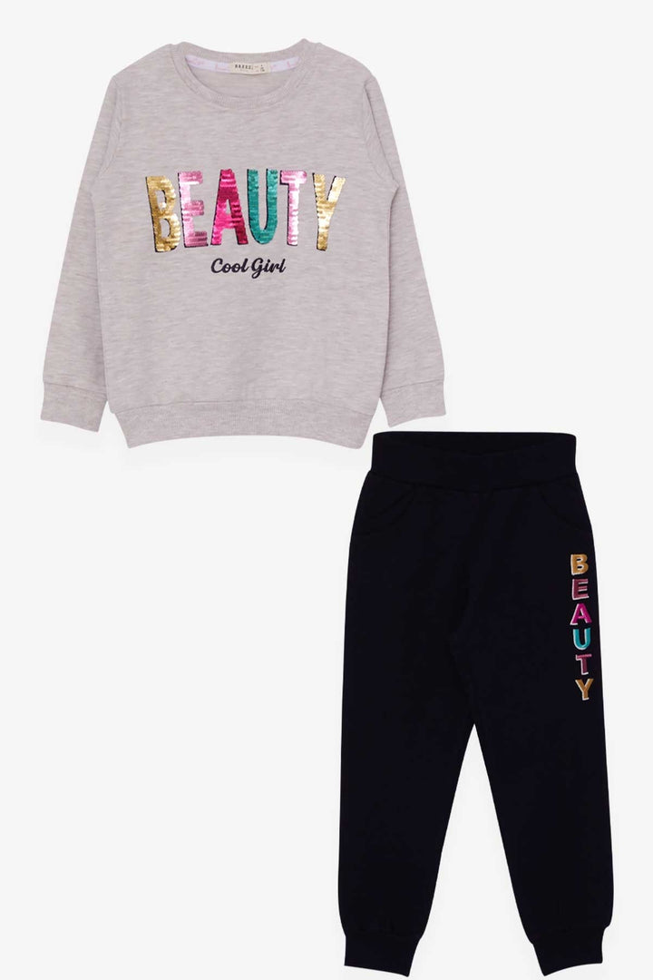 BRE Breeze Girl's Tracksuit Set with Sequin Printed Text 4-8 Years, Beige Melange - Medgidia