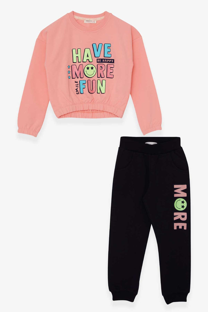 BRE Breeze Girl's Tracksuit Set with Glittery Colorful Printed Writing, 5-9 Years, Salmon - Dordrecht