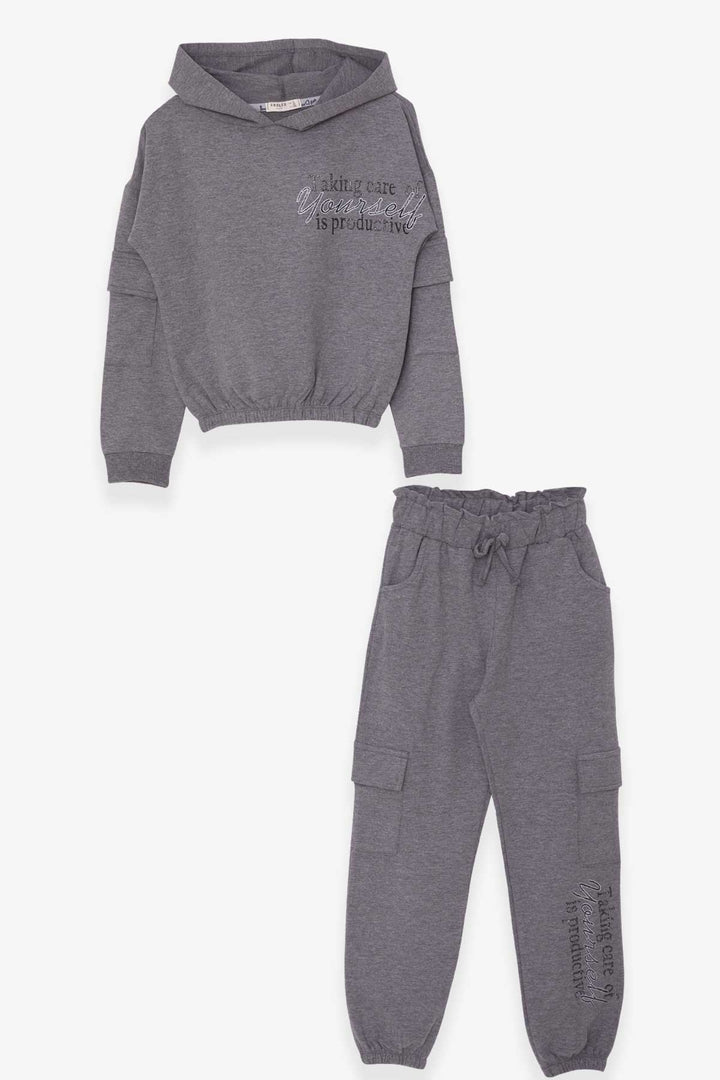 BRE Breeze Girl's Tracksuit with Printed Writing Cargo Pocketed 84 Years, Dark Grey Melange - Stains