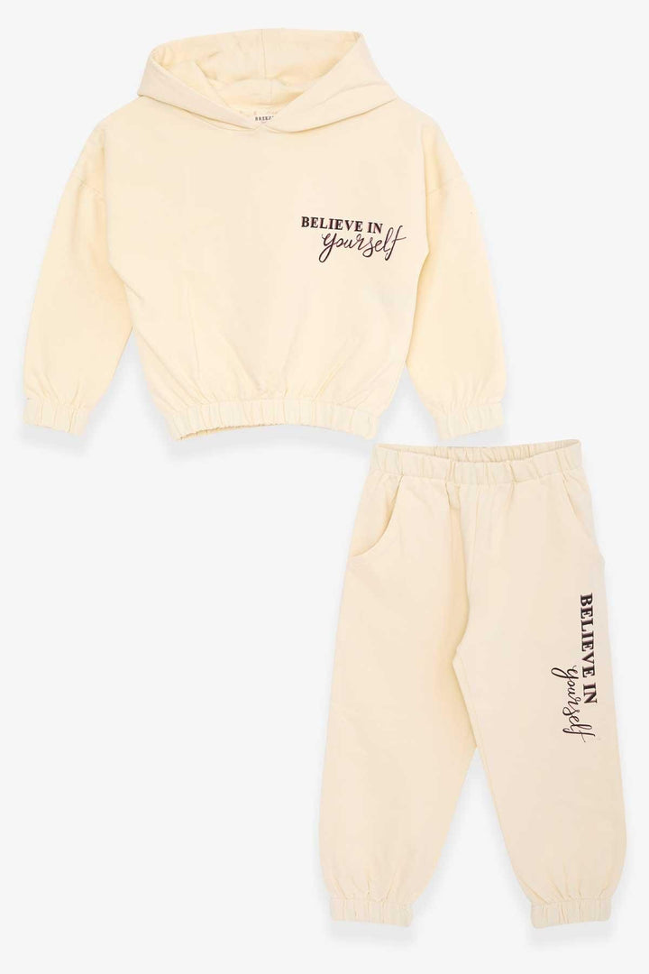 BRE Breeze Girl's Tracksuit with Hoodie Printed with Writing, 3-7 Years, Cream - Hattiesburg