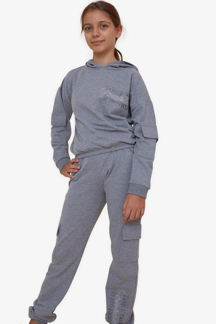 BRE Breeze Girl's Tracksuit with Printed Writing Cargo Pocketed 84 Years, Dark Grey Melange - Stains