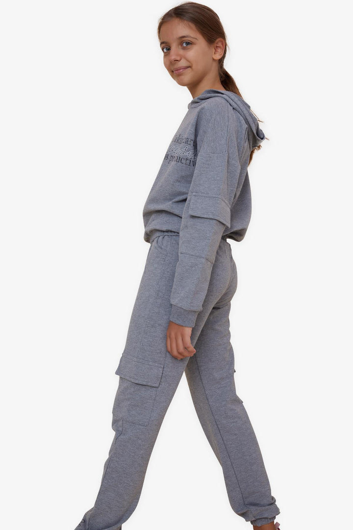 BRE Breeze Girl's Tracksuit with Printed Writing Cargo Pocketed 84 Years, Dark Grey Melange - Stains