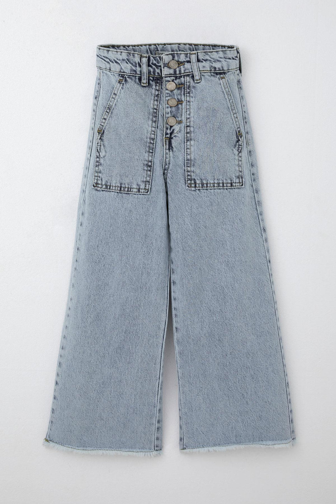 BRE Breeze Girl's Wide Leg Buttoned Hem Fringed Detail Jeans, 5-9 Years, Light Blue - Fajardo