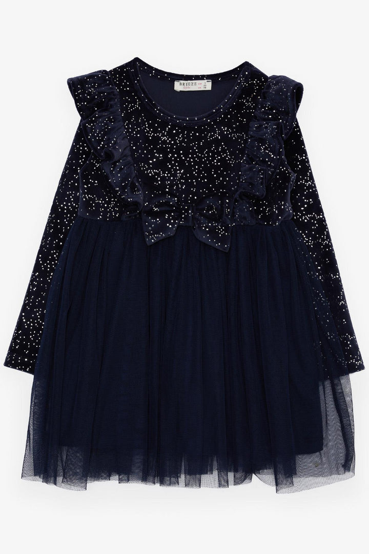 BRE Breeze Girl Child Velvet Dress with Bow Glitter Tulle 3-8 Years, Navy Blue - Vista