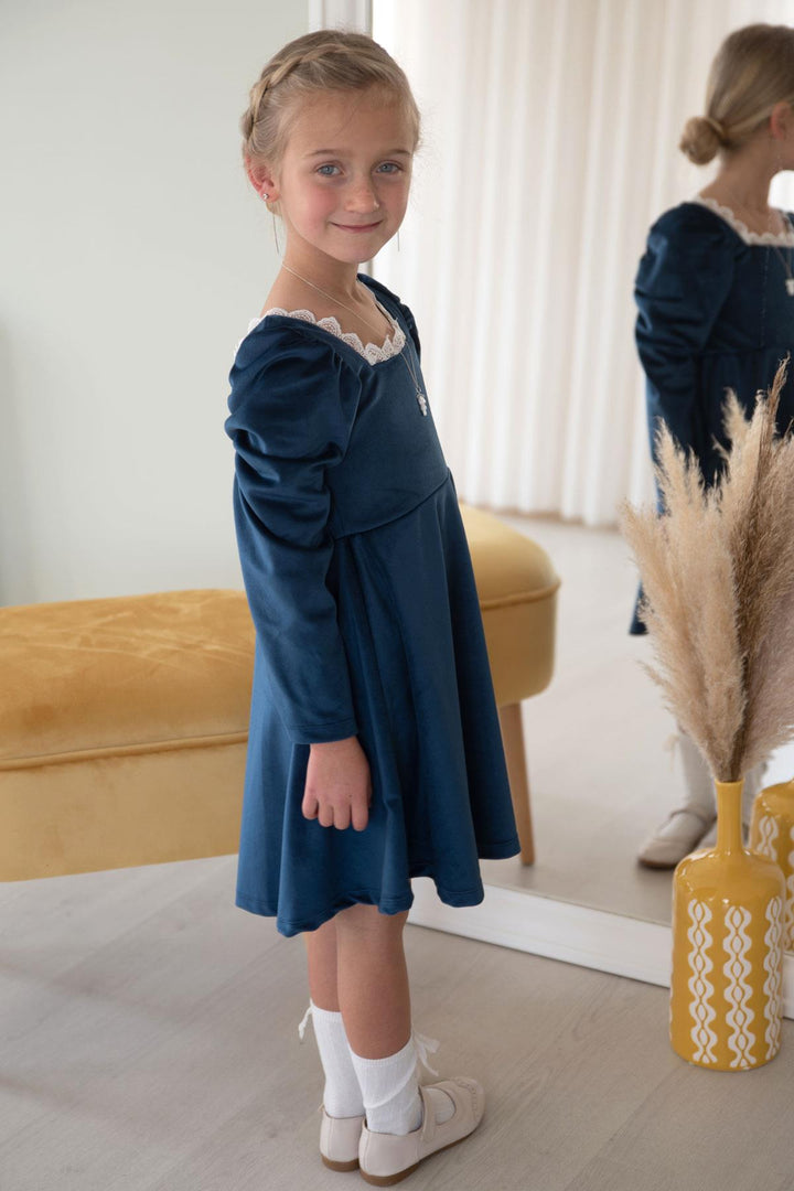 BRE Breeze Girl Child Velvet Dress Collar Lace Back Zipper 62 Years, Navy Blue - Hamilton