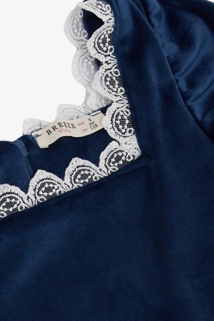 BRE Breeze Girl Child Velvet Dress Collar Lace Back Zipper 62 Years, Navy Blue - Hamilton